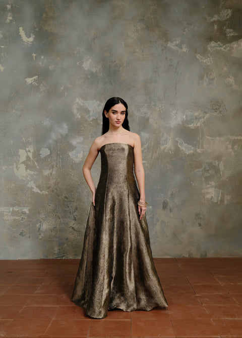 Strapless Panel Cut Banaras Tissue Silk Gown
