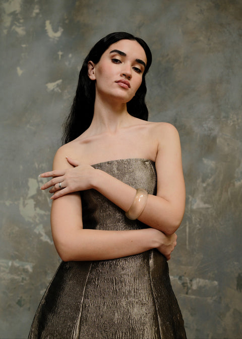 Strapless Panel Cut Banaras Tissue Silk Gown