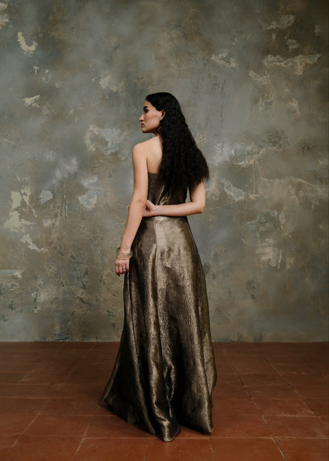 Strapless Panel Cut Banaras Tissue Silk Gown